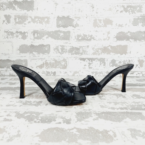 New Vince Camuto Brelanie Black Woven Leather Square Toe Heeled Sandals X233 - Picture 6 of 13